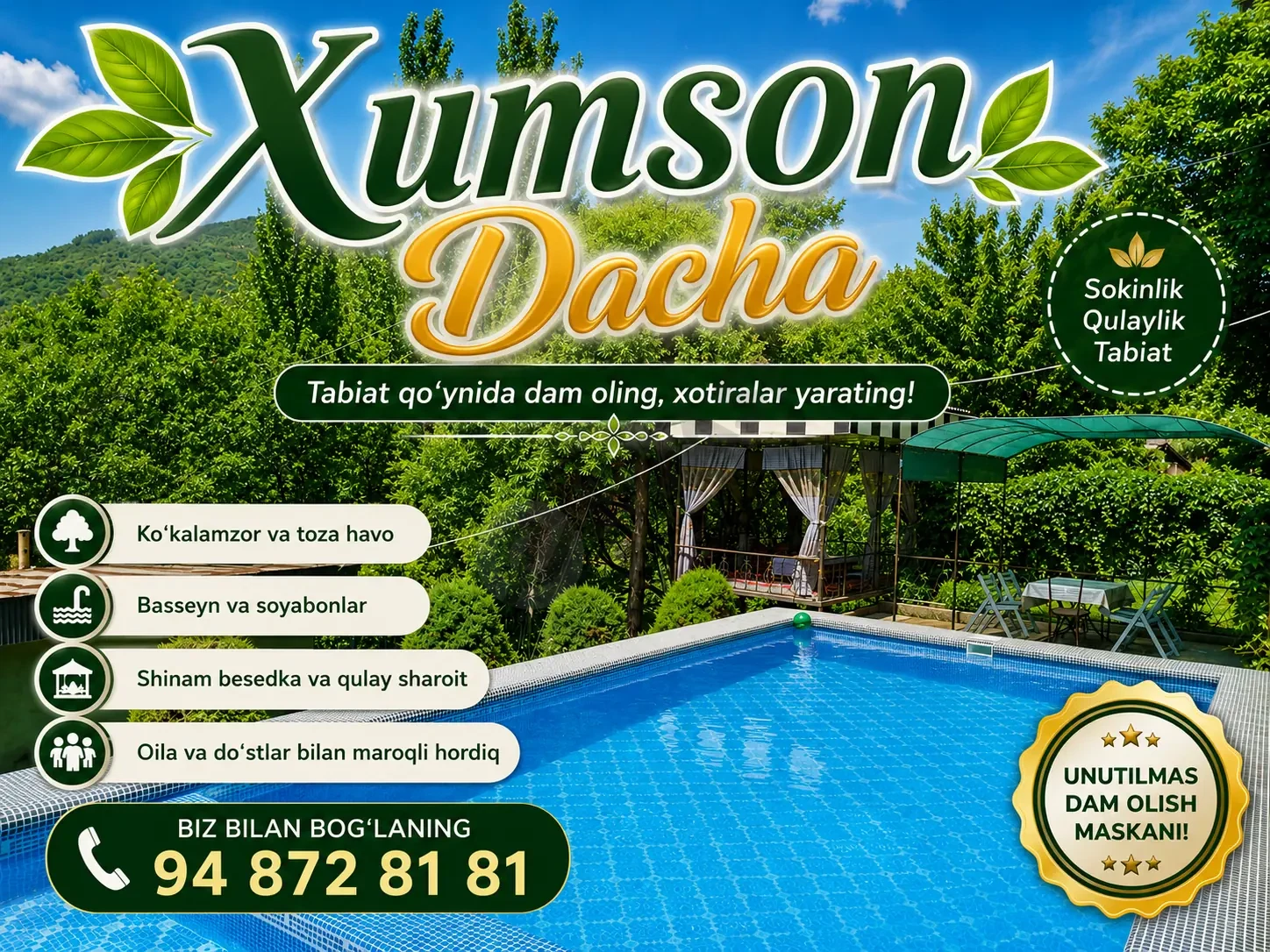 Dacha xumson ugam daryosga yaqin 94 872 81 81 - Cover Photo