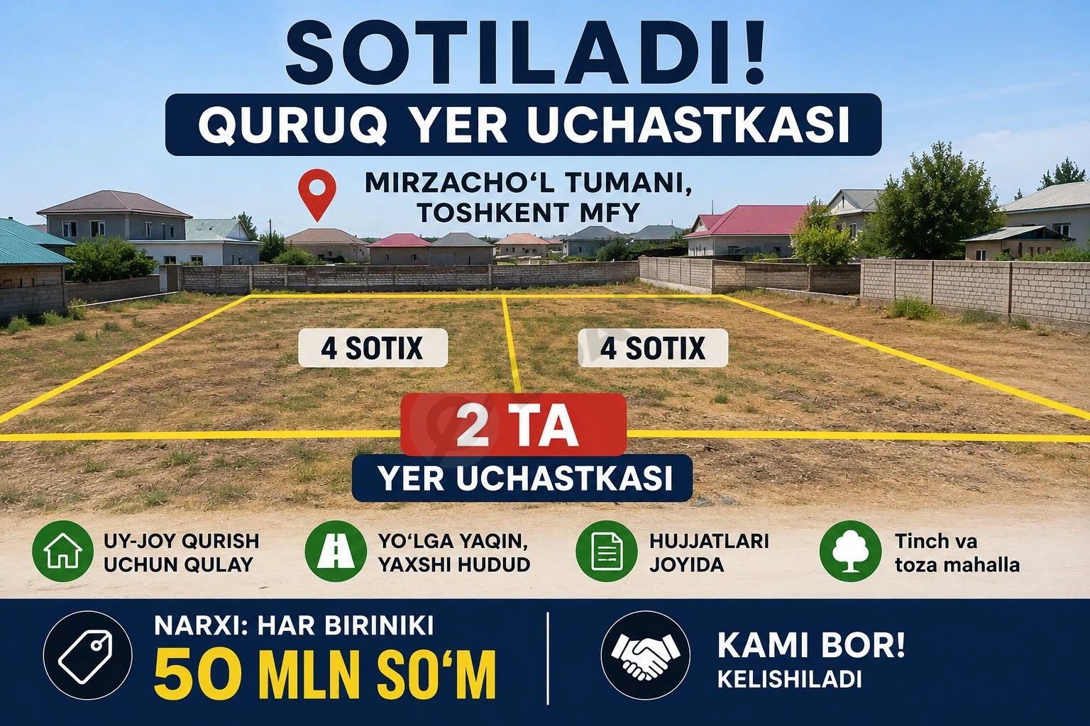 Mirzacho'l tumani Toshkent MFYda 4 sotixdan 2 ta quruq yer sotiladi - Cover Photo