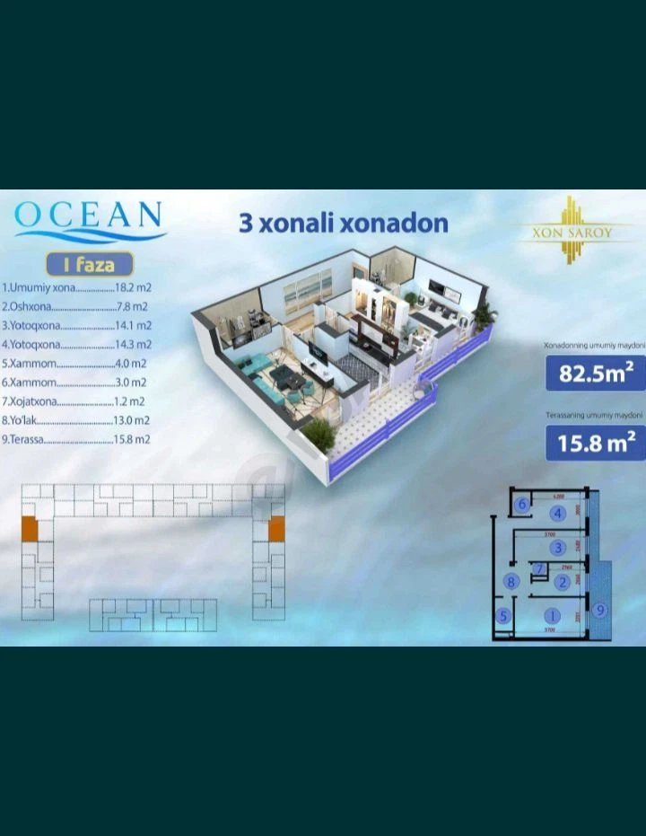 Xonsaroy Ocean 84 kvm2 + 16 kvm2 balkon, 3 xona - Cover Photo