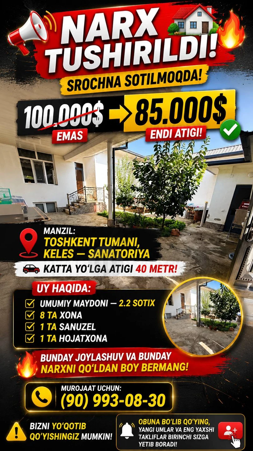 Uy Keles — Sanatoriya, Toshkent tumani, 2.2 sotix, 8 xona - Cover Photo