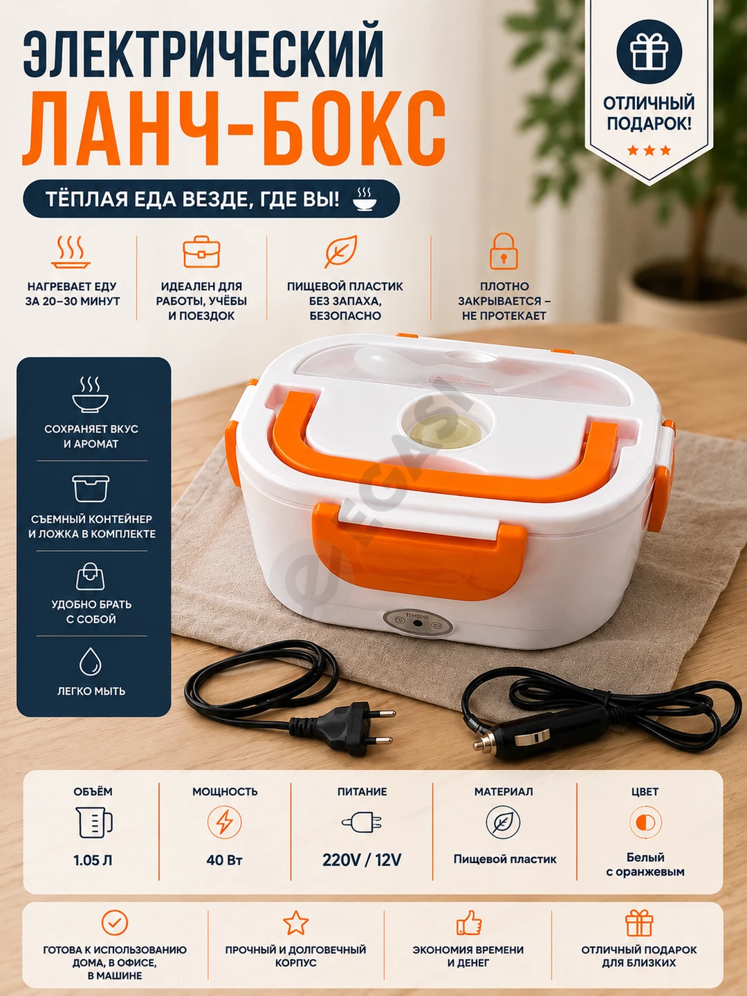 Электрический ланч-бокс с подогревом 220V/12V, новый - Cover Photo